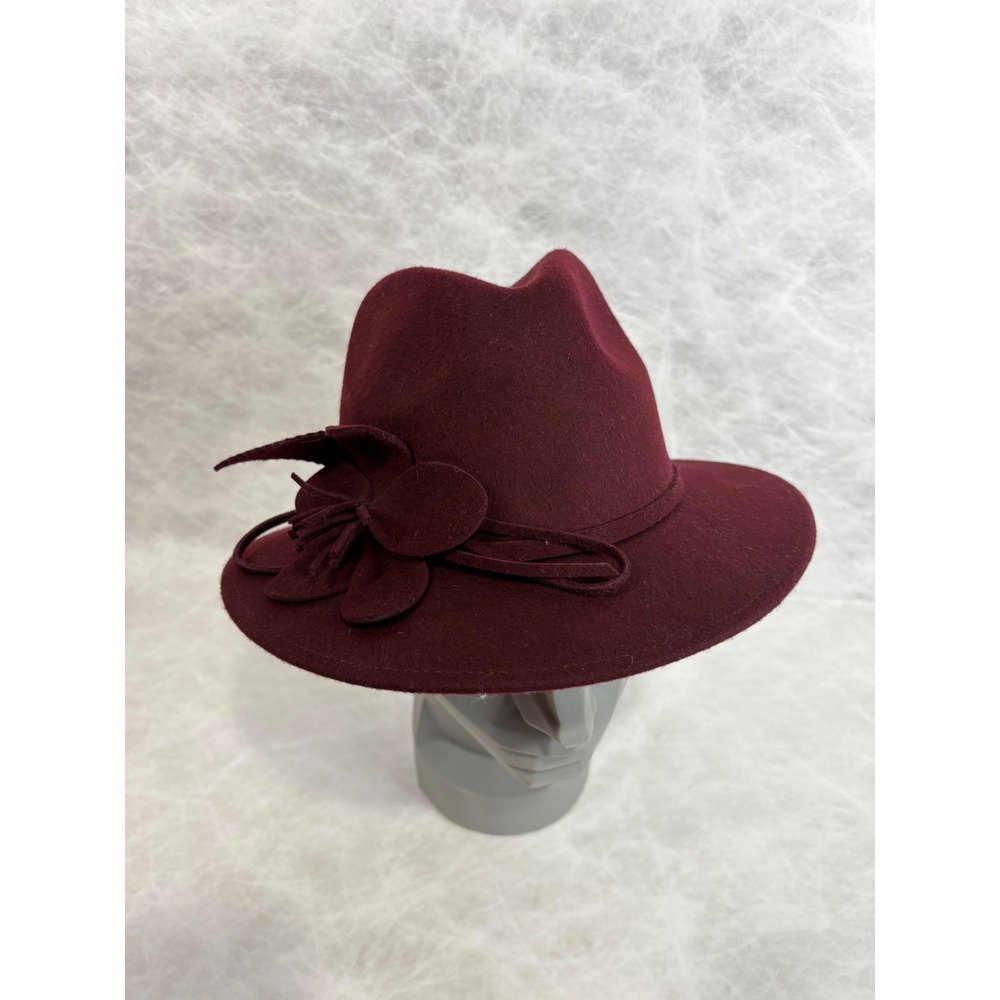 Newport News Womens Burgundy‎ 100% Wool Fedora Hat with Flower Detail Wine Red